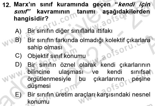 Klasik Sosyoloji Tarihi Dersi 2021 - 2022 Yılı (Vize) Ara Sınav Soruları 12. Soru