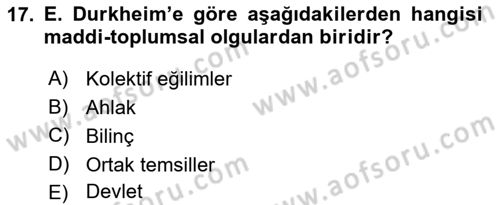 Klasik Sosyoloji Tarihi Dersi 2021 - 2022 Yılı (Vize) Ara Sınav Soruları 17. Soru