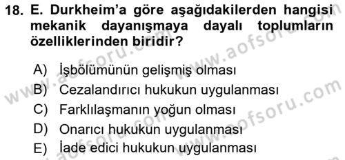 Klasik Sosyoloji Tarihi Dersi 2021 - 2022 Yılı (Vize) Ara Sınav Soruları 18. Soru