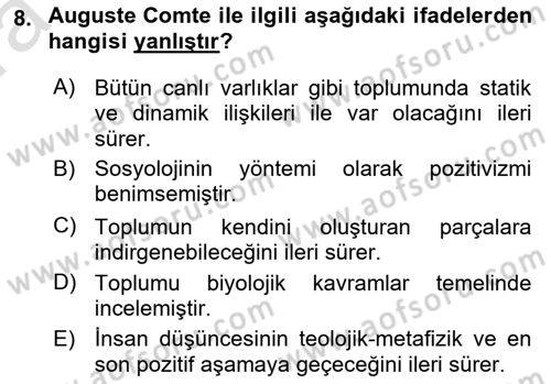 Klasik Sosyoloji Tarihi Dersi 2021 - 2022 Yılı (Vize) Ara Sınav Soruları 8. Soru