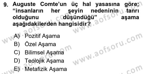 Klasik Sosyoloji Tarihi Dersi 2021 - 2022 Yılı (Vize) Ara Sınav Soruları 9. Soru