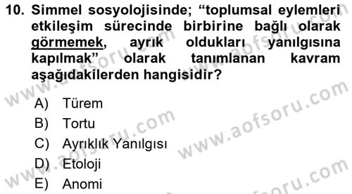 Klasik Sosyoloji Tarihi Dersi 2021 - 2022 Yılı (Final) Dönem Sonu Sınav Soruları 10. Soru