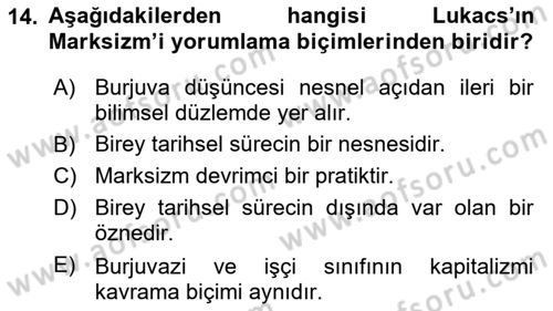 Klasik Sosyoloji Tarihi Dersi 2021 - 2022 Yılı (Final) Dönem Sonu Sınav Soruları 14. Soru