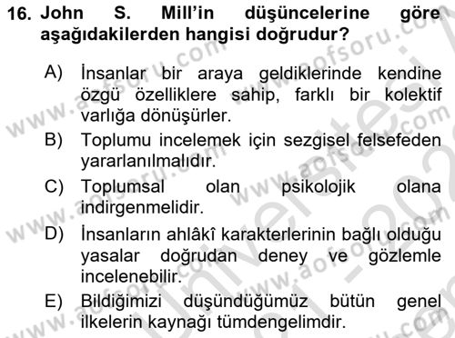 Klasik Sosyoloji Tarihi Dersi 2021 - 2022 Yılı (Final) Dönem Sonu Sınav Soruları 16. Soru