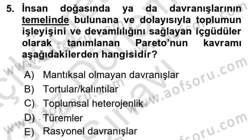 Klasik Sosyoloji Tarihi Dersi 2021 - 2022 Yılı (Final) Dönem Sonu Sınav Soruları 5. Soru