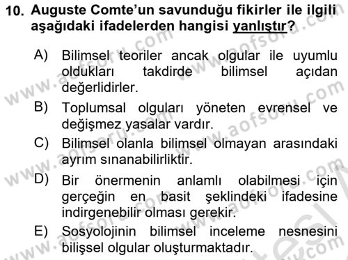 Klasik Sosyoloji Tarihi Dersi 2021 - 2022 Yılı Yaz Okulu Sınav Soruları 10. Soru