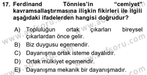 Klasik Sosyoloji Tarihi Dersi 2021 - 2022 Yılı Yaz Okulu Sınav Soruları 17. Soru