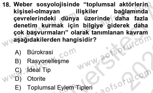 Klasik Sosyoloji Tarihi Dersi 2021 - 2022 Yılı Yaz Okulu Sınav Soruları 18. Soru