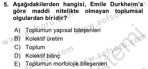 Klasik Sosyoloji Tarihi Dersi 2021 - 2022 Yılı Yaz Okulu Sınav Soruları 5. Soru