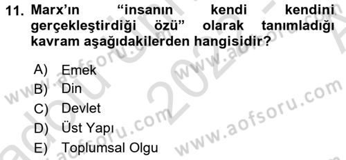 Klasik Sosyoloji Tarihi Dersi 2022 - 2023 Yılı (Vize) Ara Sınav Soruları 11. Soru