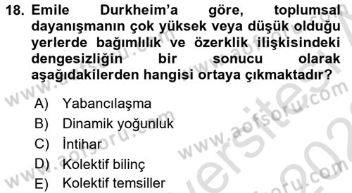 Klasik Sosyoloji Tarihi Dersi 2022 - 2023 Yılı (Vize) Ara Sınav Soruları 18. Soru