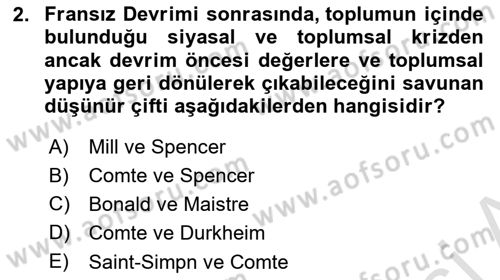 Klasik Sosyoloji Tarihi Dersi 2022 - 2023 Yılı (Vize) Ara Sınav Soruları 2. Soru