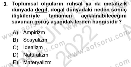 Klasik Sosyoloji Tarihi Dersi 2022 - 2023 Yılı (Vize) Ara Sınav Soruları 3. Soru