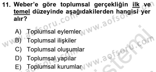 Klasik Sosyoloji Tarihi Dersi 2022 - 2023 Yılı (Final) Dönem Sonu Sınav Soruları 11. Soru