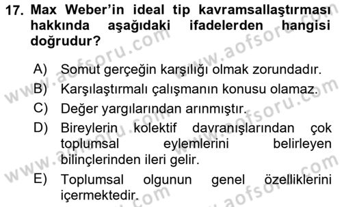 Klasik Sosyoloji Tarihi Dersi 2022 - 2023 Yılı Yaz Okulu Sınav Soruları 17. Soru