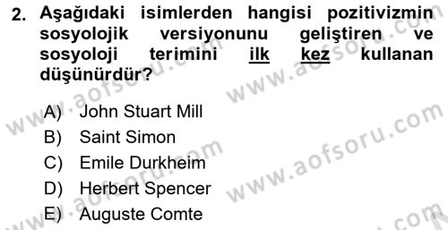 Klasik Sosyoloji Tarihi Dersi 2022 - 2023 Yılı Yaz Okulu Sınav Soruları 2. Soru