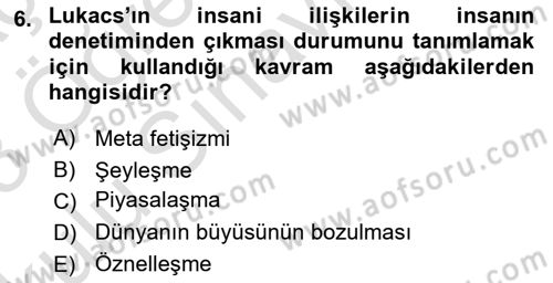 Klasik Sosyoloji Tarihi Dersi 2022 - 2023 Yılı Yaz Okulu Sınav Soruları 6. Soru