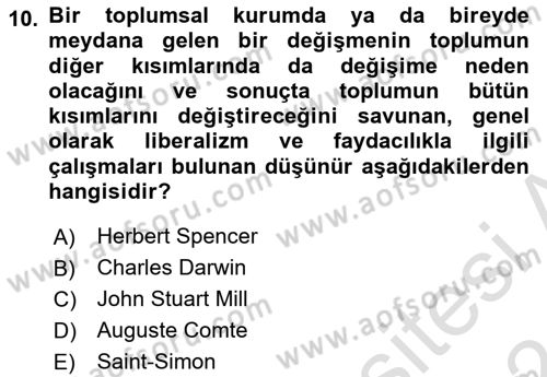 Klasik Sosyoloji Tarihi Dersi 2023 - 2024 Yılı (Vize) Ara Sınav Soruları 10. Soru