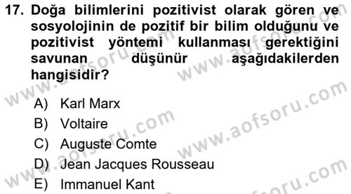 Klasik Sosyoloji Tarihi Dersi 2023 - 2024 Yılı (Vize) Ara Sınav Soruları 17. Soru