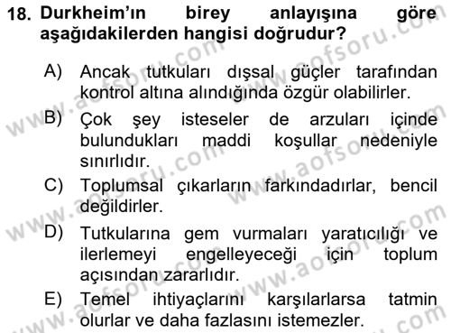 Klasik Sosyoloji Tarihi Dersi 2023 - 2024 Yılı (Vize) Ara Sınav Soruları 18. Soru
