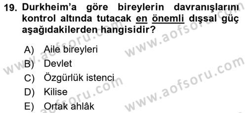Klasik Sosyoloji Tarihi Dersi 2023 - 2024 Yılı (Vize) Ara Sınav Soruları 19. Soru