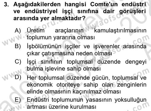 Klasik Sosyoloji Tarihi Dersi 2023 - 2024 Yılı (Vize) Ara Sınav Soruları 3. Soru