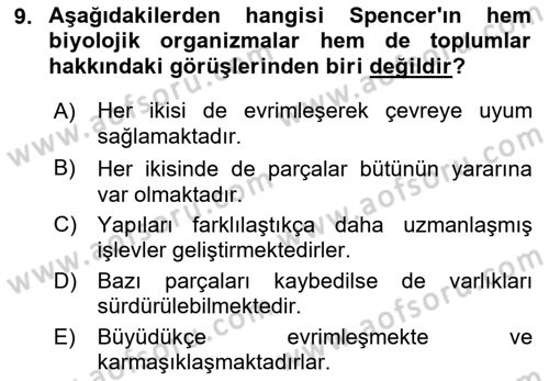 Klasik Sosyoloji Tarihi Dersi 2023 - 2024 Yılı (Vize) Ara Sınav Soruları 9. Soru