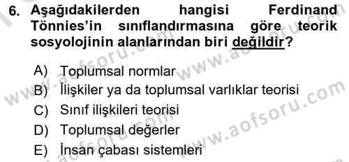 Klasik Sosyoloji Tarihi Dersi 2023 - 2024 Yılı (Final) Dönem Sonu Sınav Soruları 6. Soru