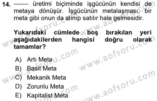 Klasik Sosyoloji Tarihi Dersi 2023 - 2024 Yılı Yaz Okulu Sınav Soruları 14. Soru