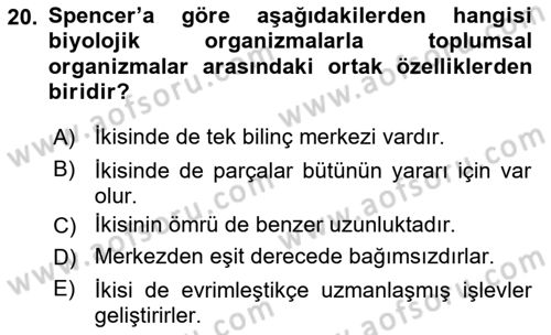 Klasik Sosyoloji Tarihi Dersi 2023 - 2024 Yılı Yaz Okulu Sınav Soruları 20. Soru