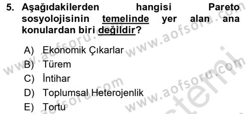 Klasik Sosyoloji Tarihi Dersi 2023 - 2024 Yılı Yaz Okulu Sınav Soruları 5. Soru