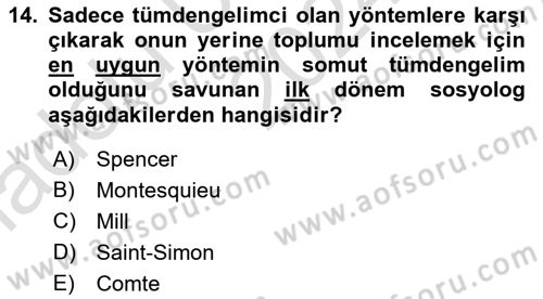 Klasik Sosyoloji Tarihi Dersi 2024 - 2025 Yılı (Vize) Ara Sınav Soruları 14. Soru