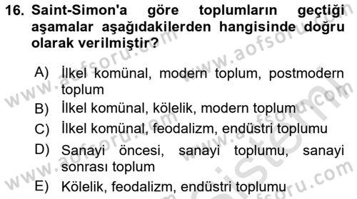 Klasik Sosyoloji Tarihi Dersi 2024 - 2025 Yılı (Vize) Ara Sınav Soruları 16. Soru