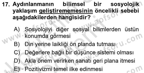 Klasik Sosyoloji Tarihi Dersi 2024 - 2025 Yılı (Vize) Ara Sınav Soruları 17. Soru