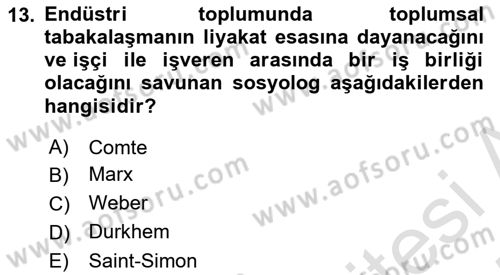 Klasik Sosyoloji Tarihi Dersi 2024 - 2025 Yılı (Final) Dönem Sonu Sınav Soruları 13. Soru
