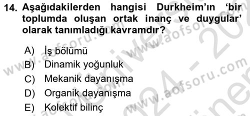 Klasik Sosyoloji Tarihi Dersi 2024 - 2025 Yılı (Final) Dönem Sonu Sınav Soruları 14. Soru
