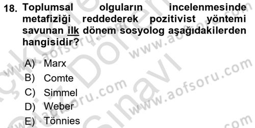 Klasik Sosyoloji Tarihi Dersi 2024 - 2025 Yılı (Final) Dönem Sonu Sınav Soruları 18. Soru