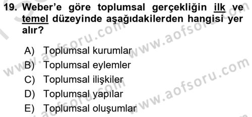 Klasik Sosyoloji Tarihi Dersi 2024 - 2025 Yılı (Final) Dönem Sonu Sınav Soruları 19. Soru