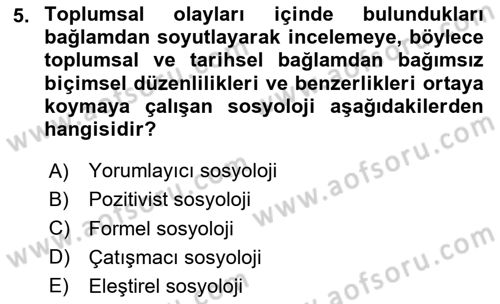 Klasik Sosyoloji Tarihi Dersi 2024 - 2025 Yılı (Final) Dönem Sonu Sınav Soruları 5. Soru