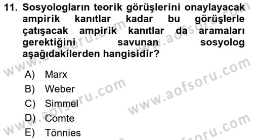 Klasik Sosyoloji Tarihi Dersi 2024 - 2025 Yılı Yaz Okulu Sınav Soruları 11. Soru