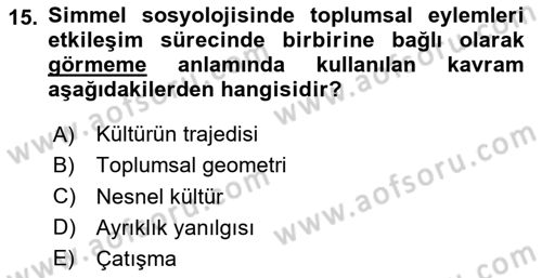 Klasik Sosyoloji Tarihi Dersi 2024 - 2025 Yılı Yaz Okulu Sınav Soruları 15. Soru