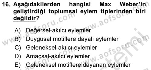 Klasik Sosyoloji Tarihi Dersi 2024 - 2025 Yılı Yaz Okulu Sınav Soruları 16. Soru