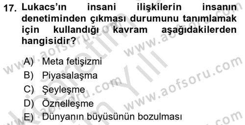Klasik Sosyoloji Tarihi Dersi 2024 - 2025 Yılı Yaz Okulu Sınav Soruları 17. Soru