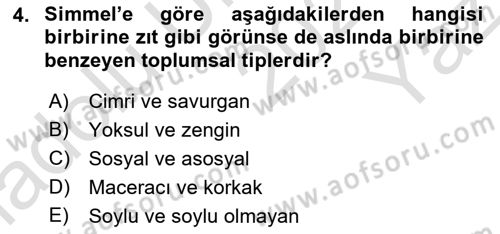 Klasik Sosyoloji Tarihi Dersi 2024 - 2025 Yılı Yaz Okulu Sınav Soruları 4. Soru