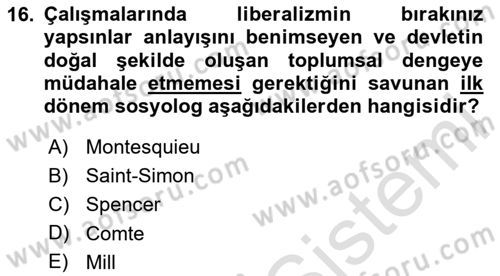 Klasik Sosyoloji Tarihi Dersi 2025 - 2026 Yılı (Vize) Ara Sınav Soruları 16. Soru