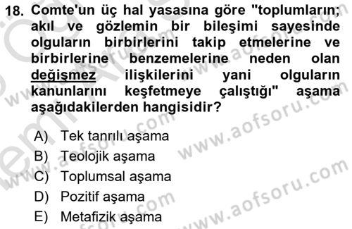 Klasik Sosyoloji Tarihi Dersi 2025 - 2026 Yılı (Vize) Ara Sınav Soruları 18. Soru