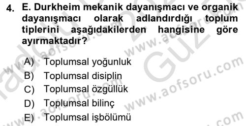 Klasik Sosyoloji Tarihi Dersi 2025 - 2026 Yılı (Vize) Ara Sınav Soruları 4. Soru