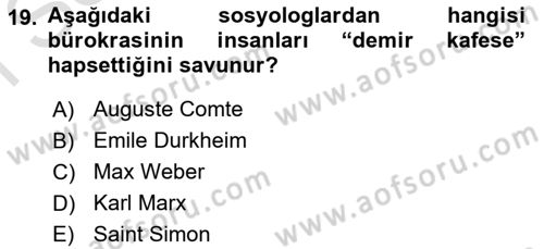 Klasik Sosyoloji Tarihi Dersi 2025 - 2026 Yılı (Final) Dönem Sonu Sınav Soruları 19. Soru