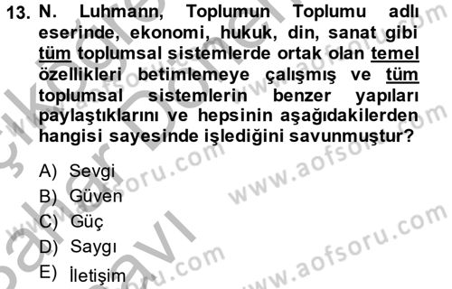 Modern Sosyoloji Tarihi Dersi 2014 - 2015 Yılı (Vize) Ara Sınav Soruları 13. Soru
