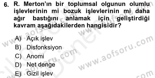 Modern Sosyoloji Tarihi Dersi 2015 - 2016 Yılı (Vize) Ara Sınav Soruları 6. Soru